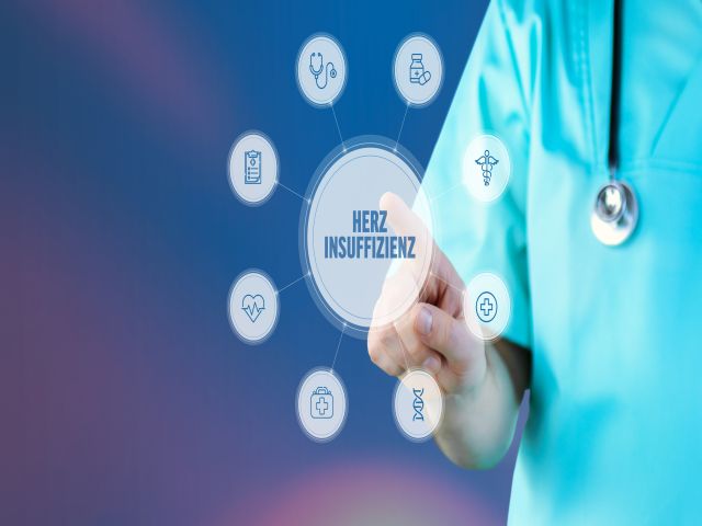Medizinische Illustration mit dem Begriff Herzinsuffizienz und Symbolen für Diagnose und Behandlung